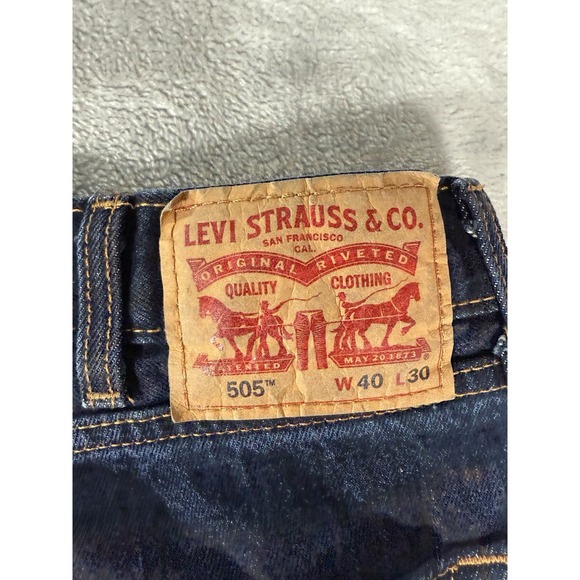Levis 505 Jeans Mens 40x30 Blue Denim Regular Fit Straight Leg Dark Wash - Picture 10 of 12